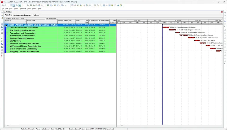 Genuine Primavera P6 construction programme and Gantt output