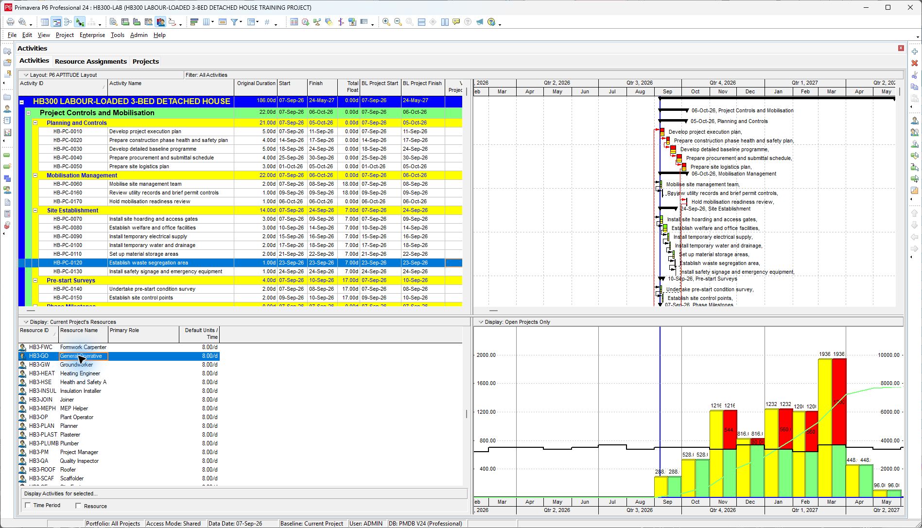 Genuine Primavera P6 resource profile with schedule activities and time-phased demand